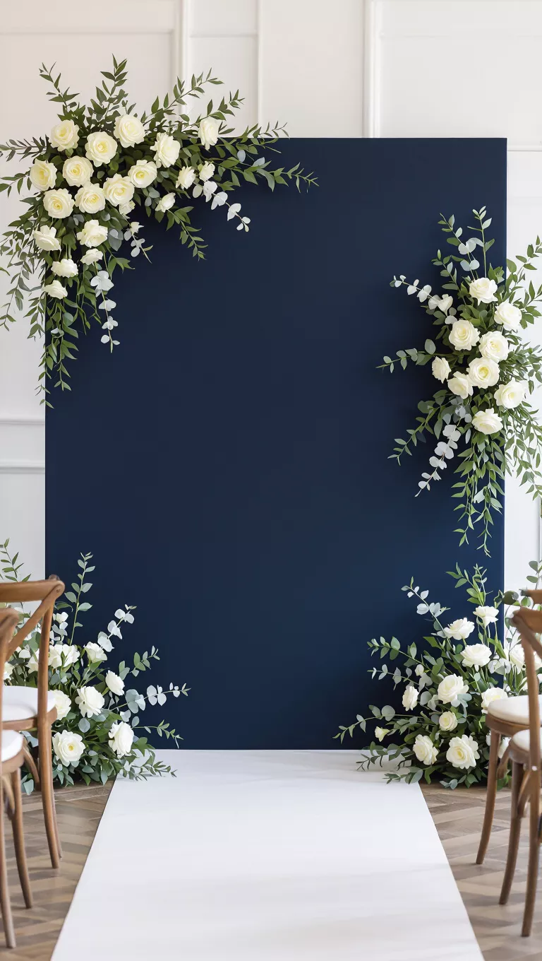 A professional photo, similar to a photo in a wedding magazine, of a dark navy blue backdrop with white and silver floral arrangements for a wedding ceremony.
