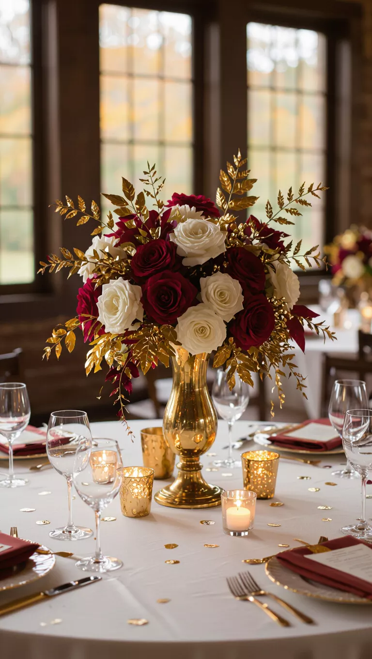 A professional photo, similar to a photo in a wedding magazine, of a fall wedding table with a centerpiece featuring elements richly adorned with gold leaf and metallic gold accents, shining brightly.