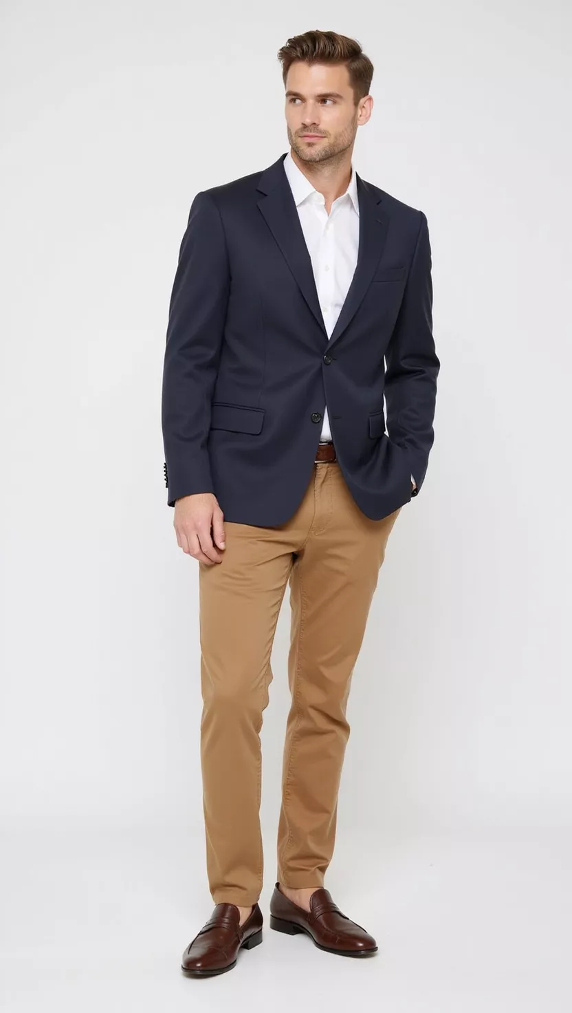 A professional photo, similar to a photo in a wedding magazine, of a man wearing a tailored navy blazer, light brown chinos, a crisp white button-down shirt, and polished brown leather loafers.