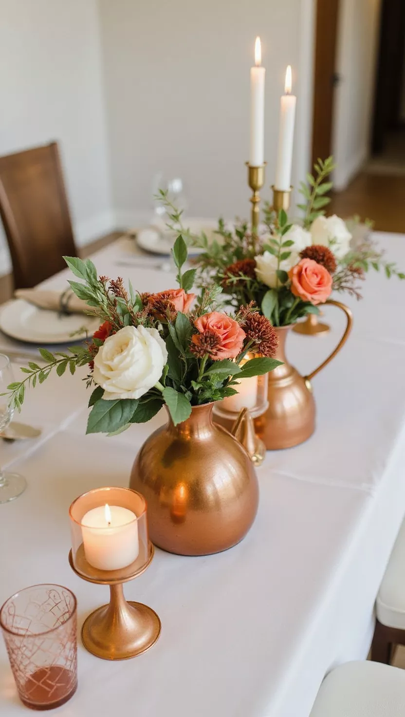 A professional photo, similar to a photo in a wedding magazine, of a fall wedding table with a centerpiece featuring elegant copper vases, candle holders, and subtle copper wire accents.