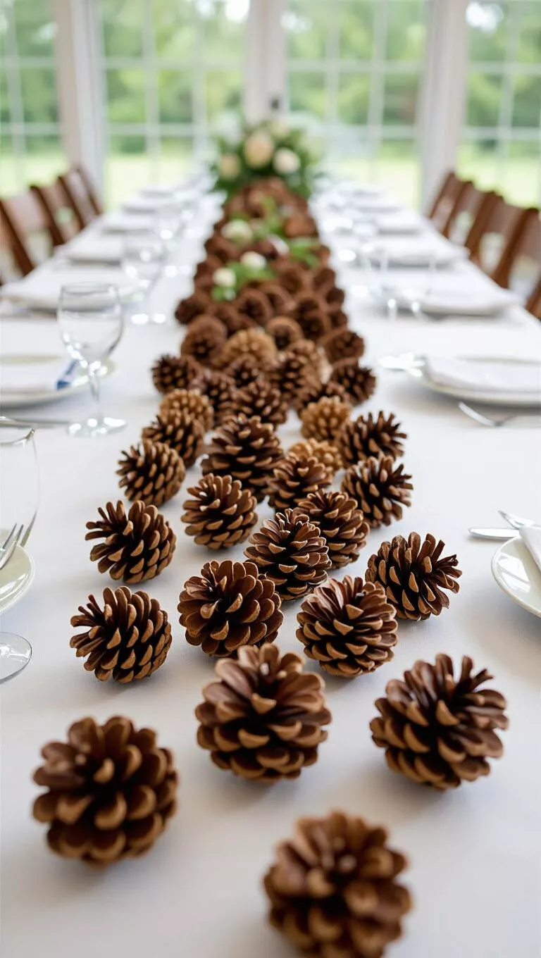 Pinecones A professional photo, similar to a photo in a wedding magazine, of natural pinecones scattered around a long, white wedding reception table, adding rustic charm.