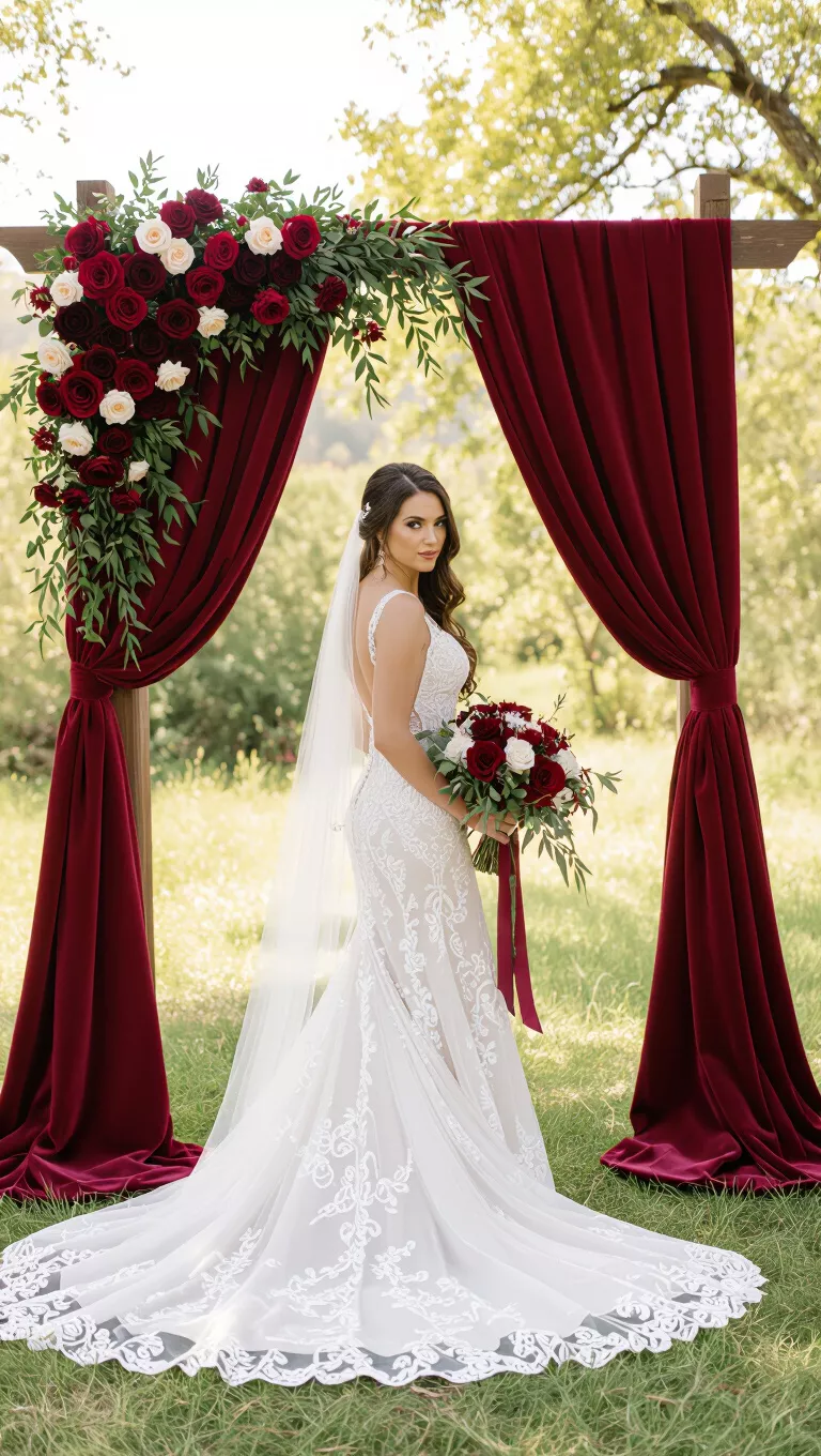A professional photo, similar to a photo in a wedding magazine, of a wedding arch draped with richly colored burgundy fabric and dark red roses, set against a natural outdoor backdrop.