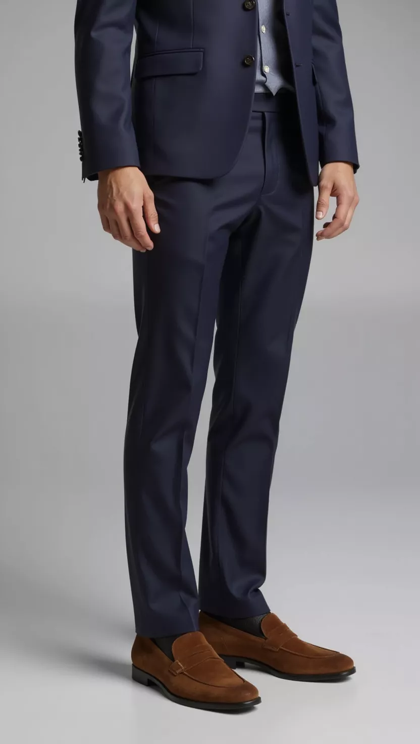 A professional photo, similar to a photo in a wedding magazine, of a man wearing a classic suit with a subtle accent of rich brown suede loafers on his feet.