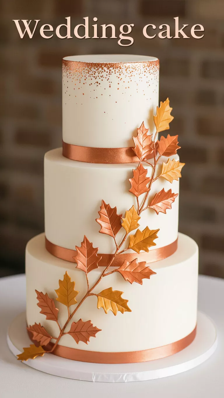 A professional photo, similar to a photo in a wedding magazine, of a wedding cake decorated with copper metallic accents and subtle autumn-colored sugar leaves.
