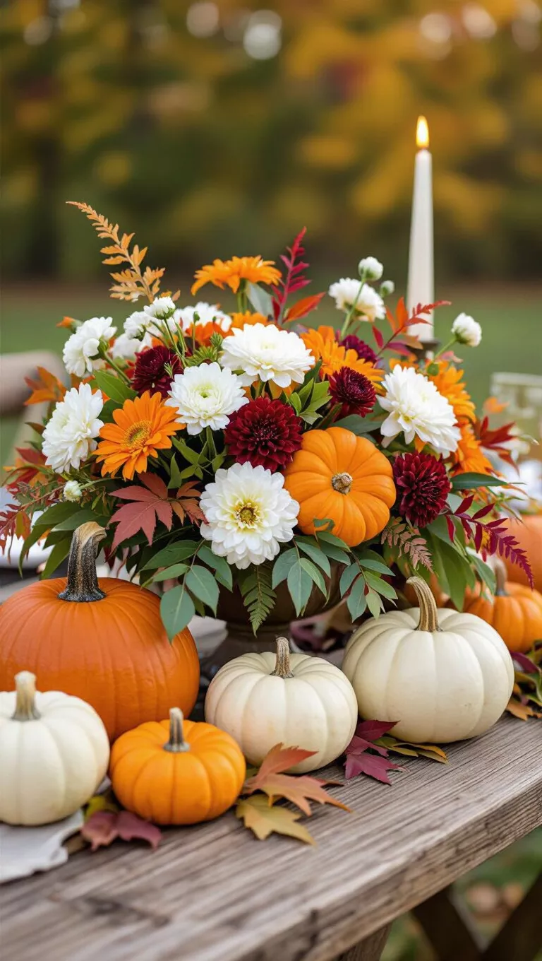 A professional photo, similar to a photo in a wedding magazine, of a wedding centerpiece featuring various sizes of white and orange pumpkins mixed with fall foliage and white flowers on a rustic wooden table.