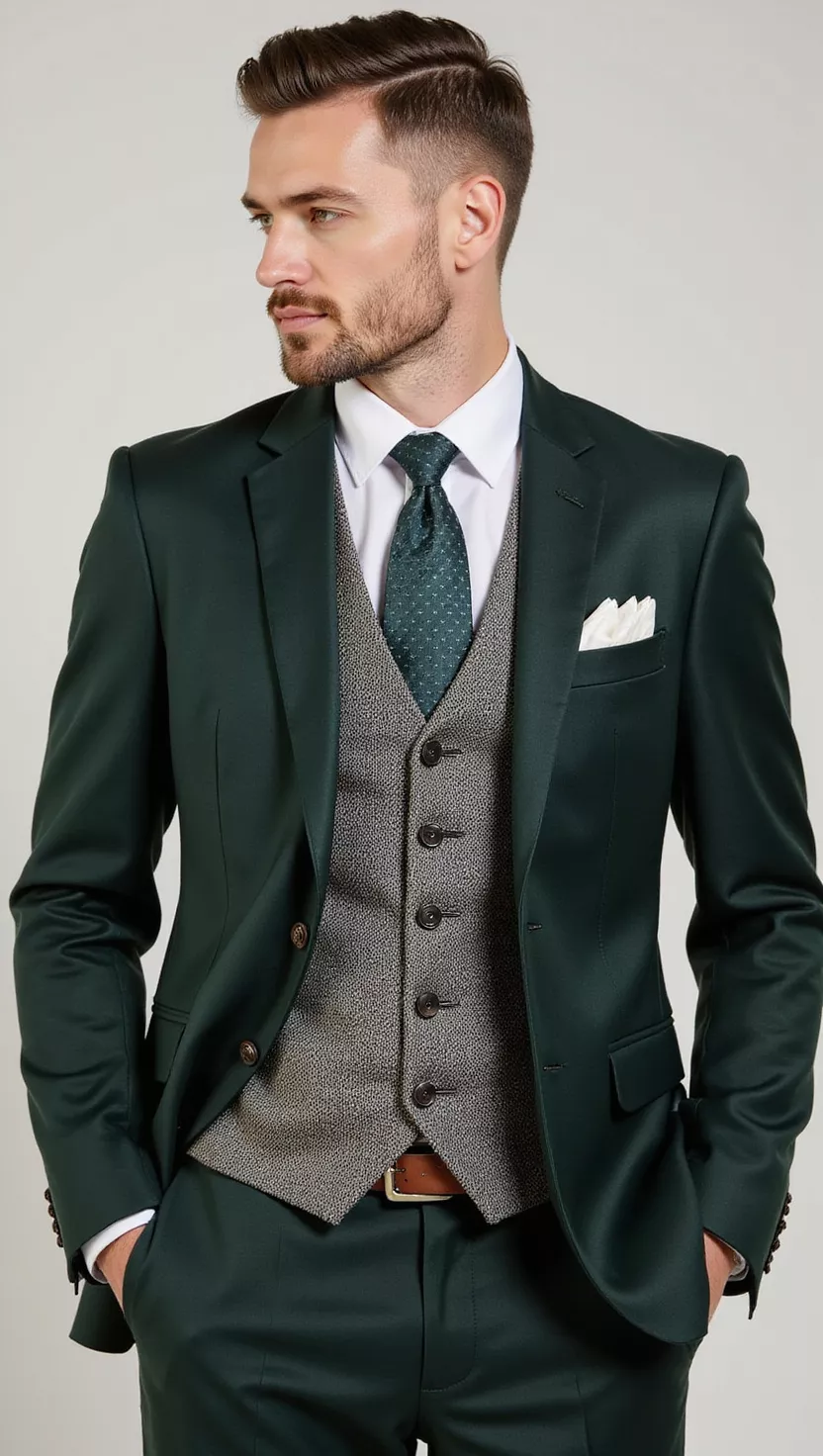 A professional photo, similar to a photo in a wedding magazine, of a man wearing a dark green blazer, a complementary tweed vest, a white shirt, and a patterned tie.