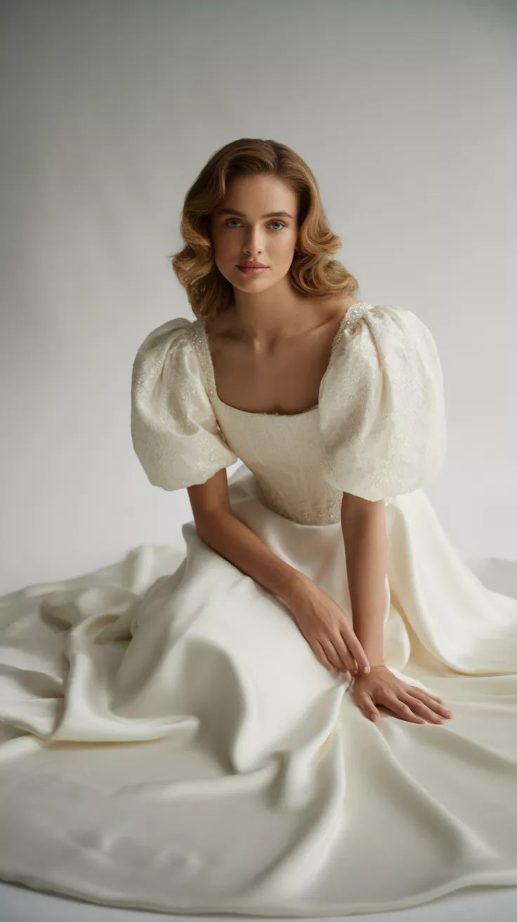 Romantic Wedding Dress with Puffy Sleeves A beautiful woman poses confidently in a Romantic Wedding Dress with Puffy Sleeves, clean studio background, pale gray, studio lighting.