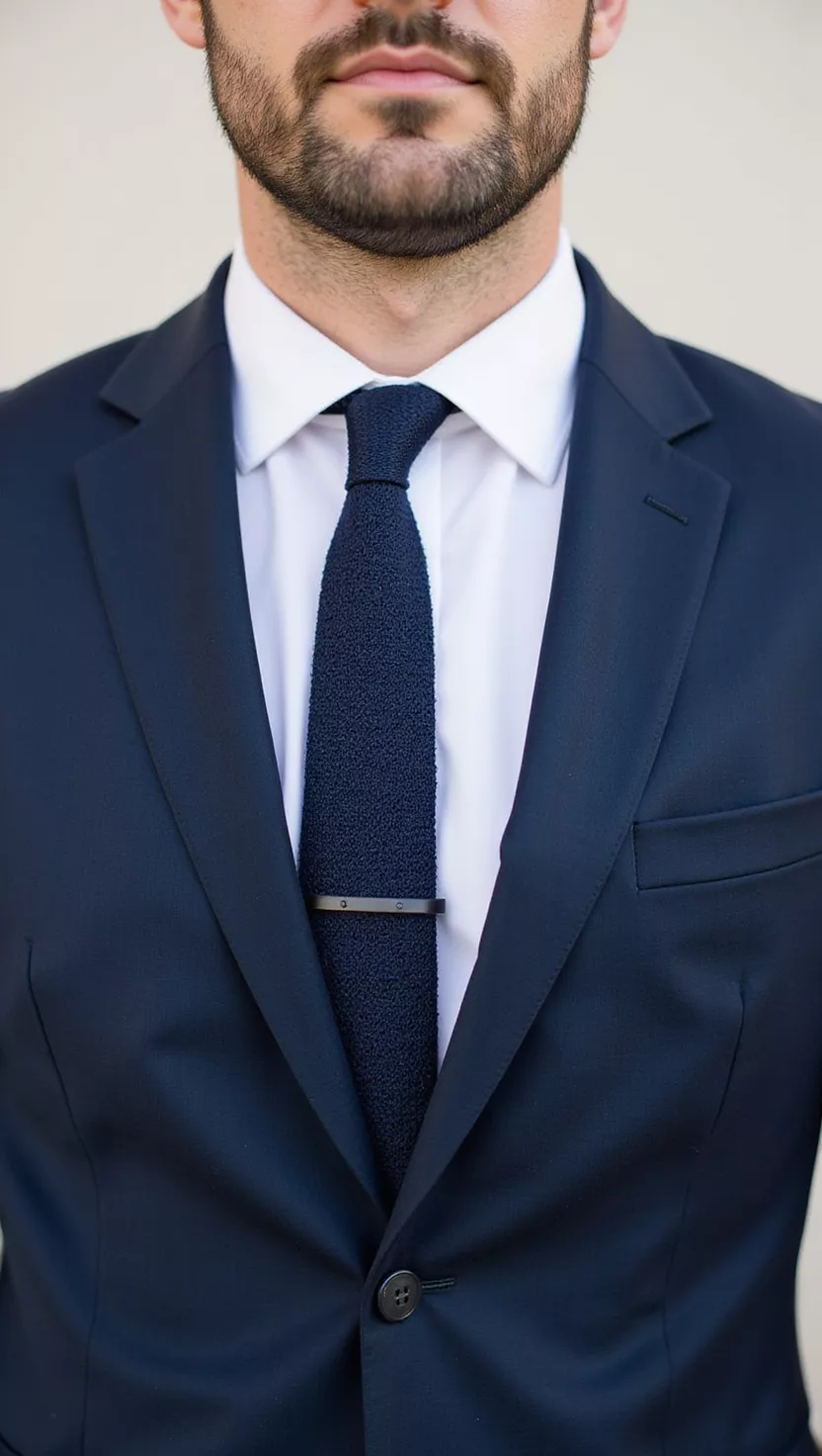 A professional photo, similar to a photo in a wedding magazine, of a man wearing a classic navy suit, a crisp white shirt, and a navy knitted tie with a subtle texture.