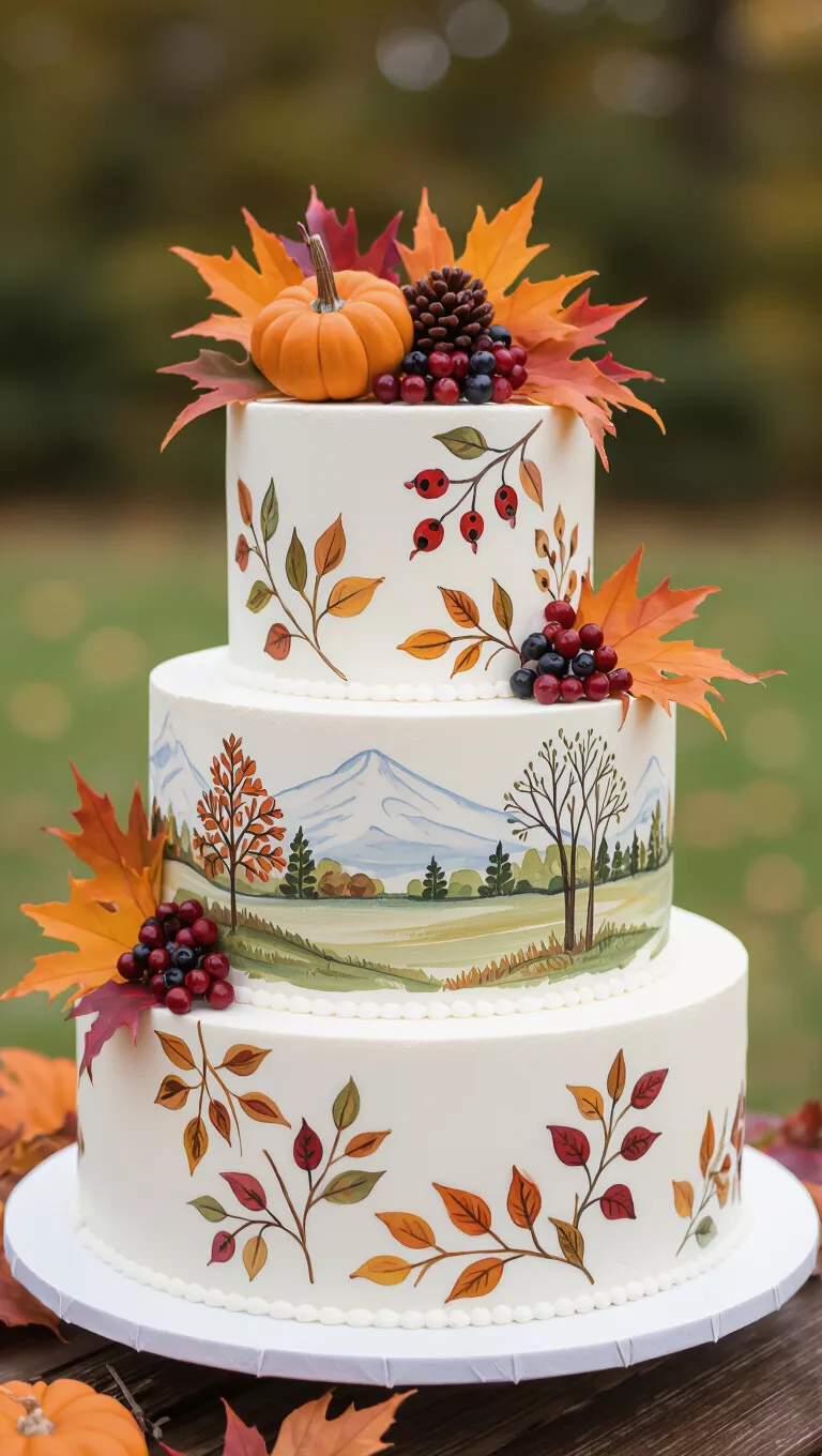 A professional photo, similar to a photo in a wedding magazine, of a rustic fall wedding cake featuring delicate hand-painted autumnal motifs like leaves, berries, or scenery.