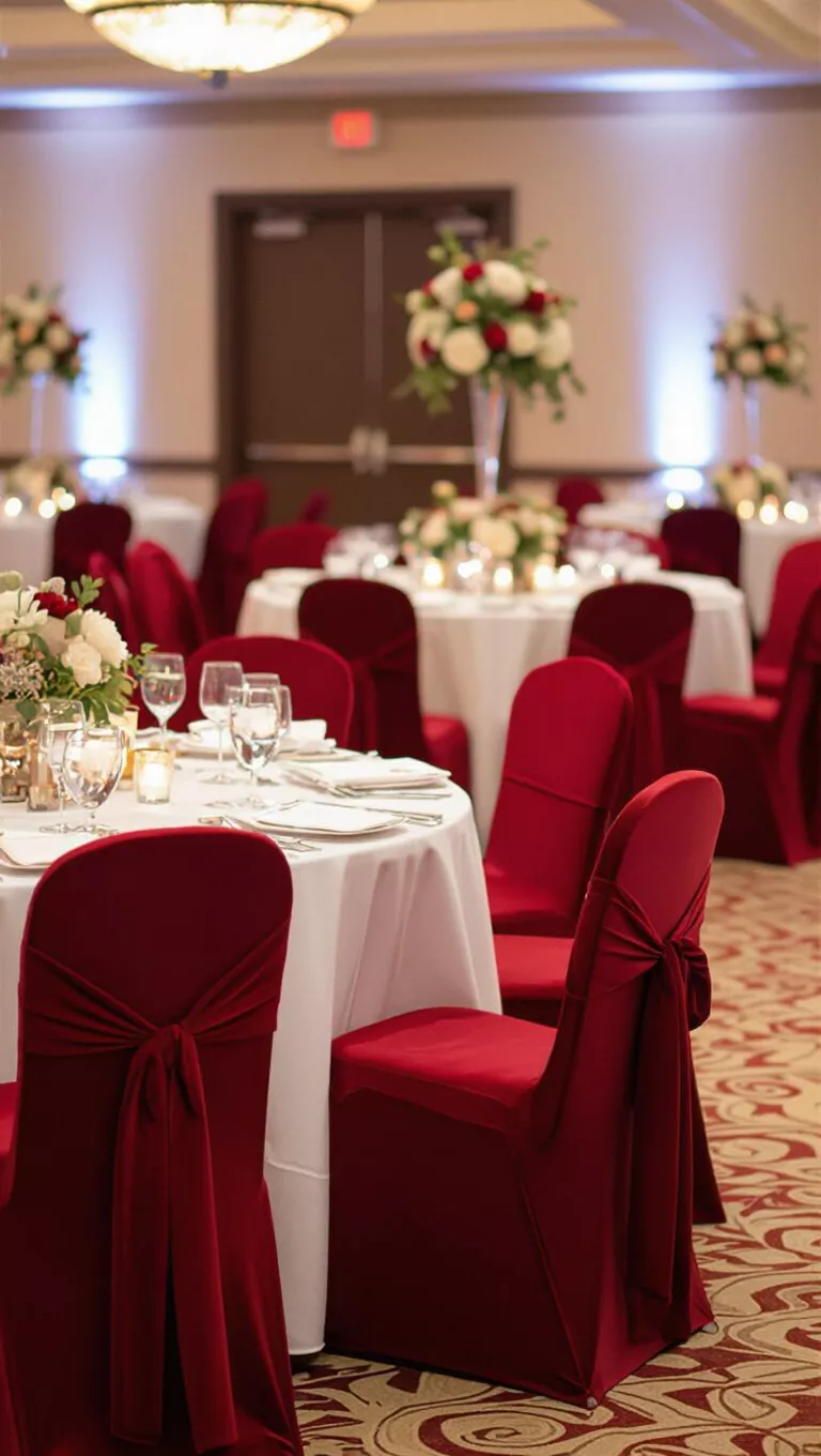 A professional photo, similar to a photo in a wedding magazine, of crimson velvet chair covers at a wedding reception.