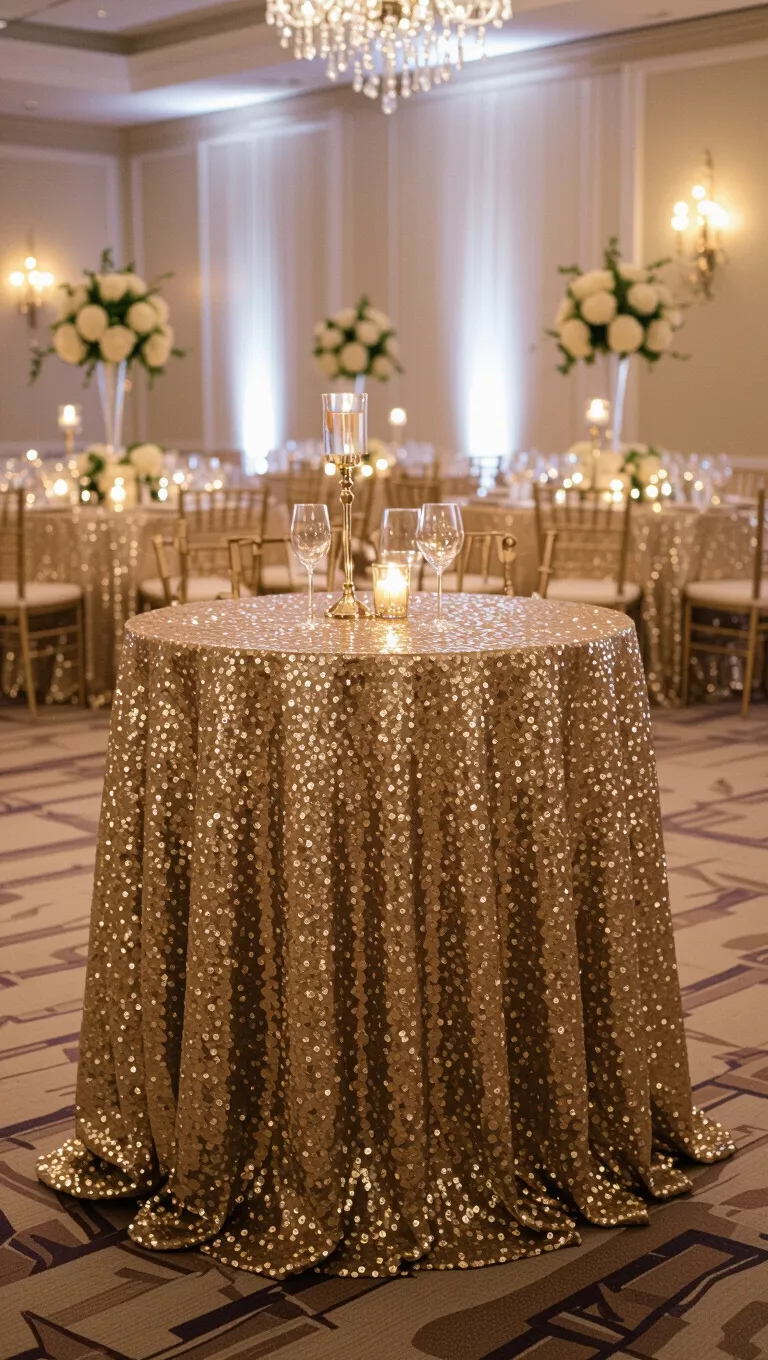 A professional photo, similar to a photo in a wedding magazine, of shimmering gold sequin tablecloths on a wedding reception table.