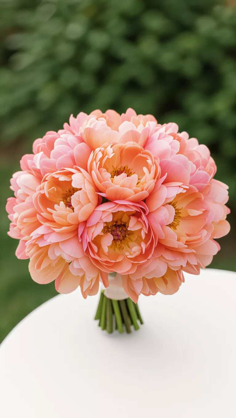 A professional photo, similar to a photo in a wedding magazine, of large peach-colored peonies arranged in a loose, natural bridal bouquet.