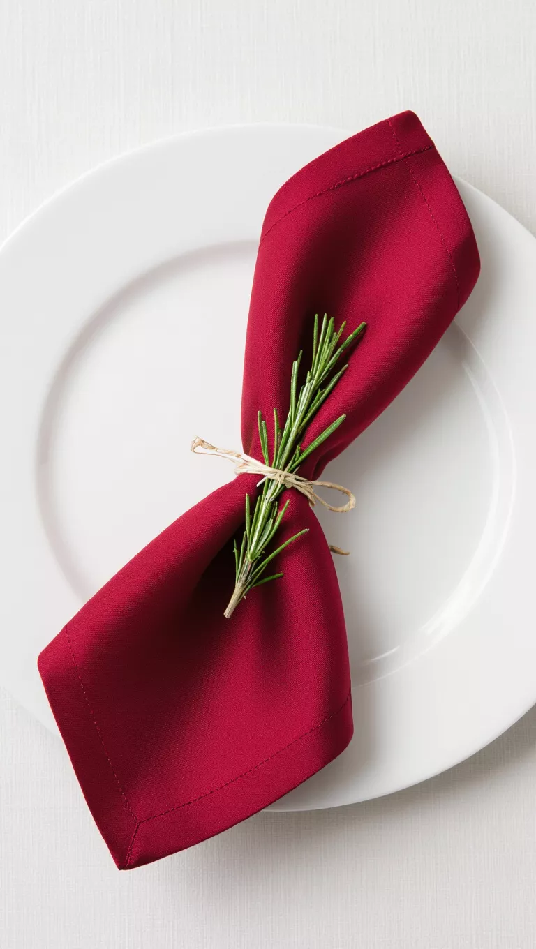A professional photo, similar to a photo in a wedding magazine, of cranberry-colored silk napkins loosely tied with a sprig of rosemary on a white dinner plate.