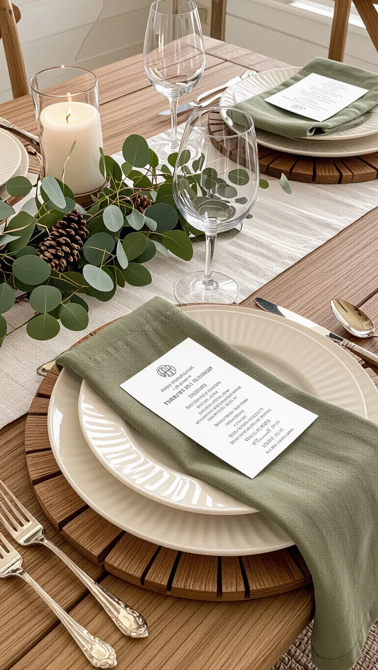A professional photo, similar to a photo in a wedding magazine, of an olive green place setting with rustic wooden chargers and cream-colored plates.