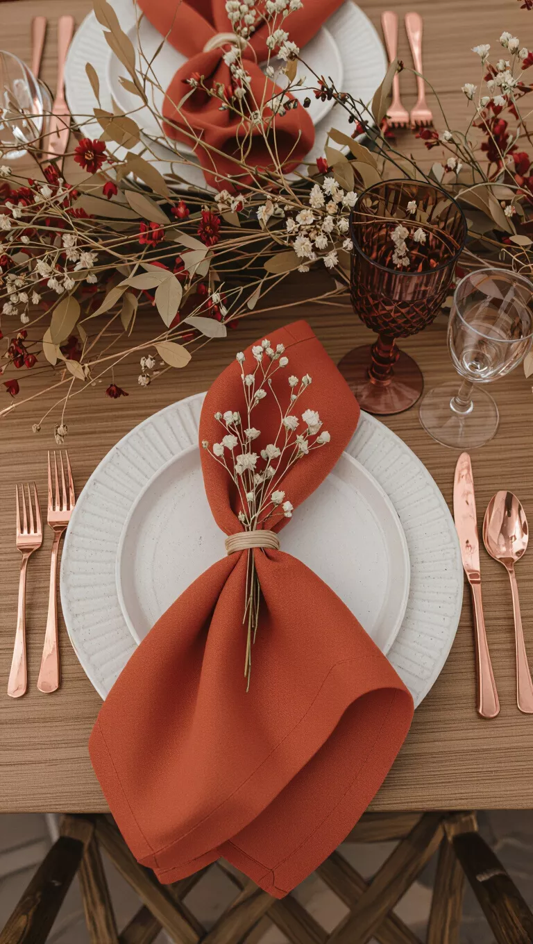 A professional photo, similar to a photo in a wedding magazine, of terracotta colored linen napkins on a wooden table, adorned with dried flowers and copper silverware.