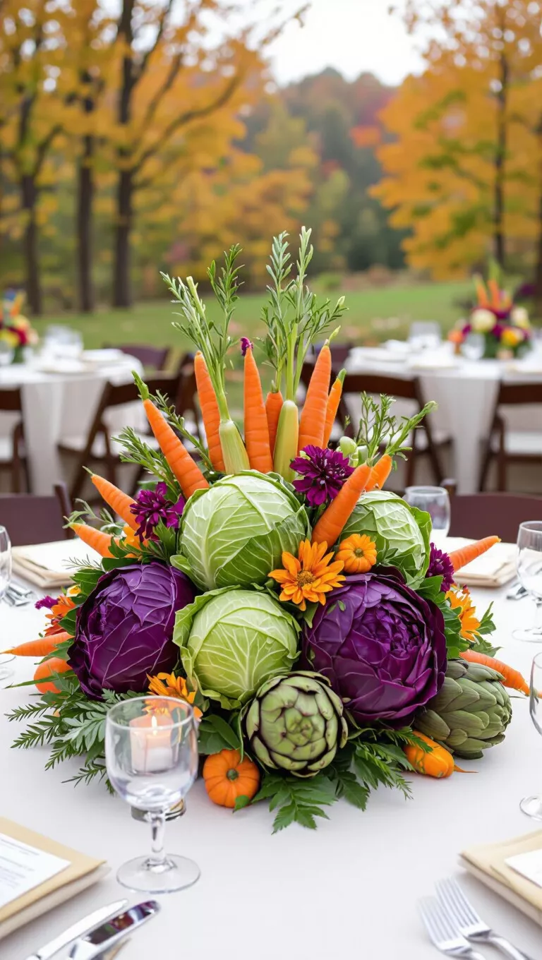 A professional photo, similar to a photo in a wedding magazine, of a fall wedding table with a unique centerpiece made from fresh, colorful fall vegetables like cabbages, carrots, and artichokes.