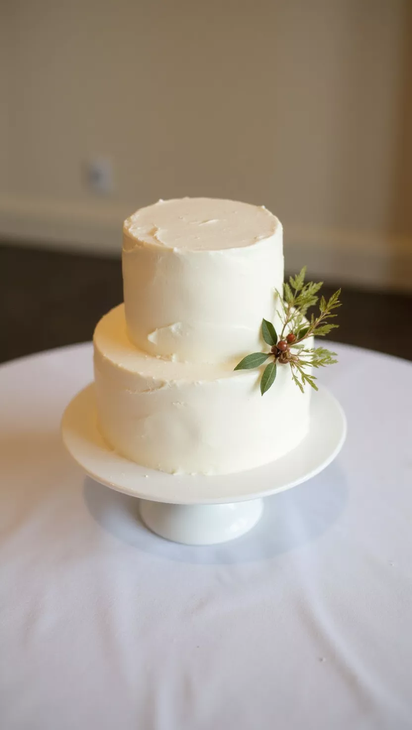 A professional photo, similar to a photo in a wedding magazine, of a charming, simple one-tier buttercream fall wedding cake, perhaps with a minimalist autumn leaf or berry accent.
