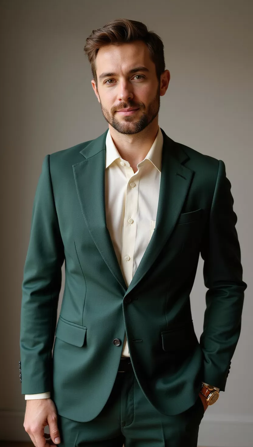 A professional photo, similar to a photo in a wedding magazine, of a man wearing a deep forest green suit, a soft cream-colored dress shirt, and a bronze watch.