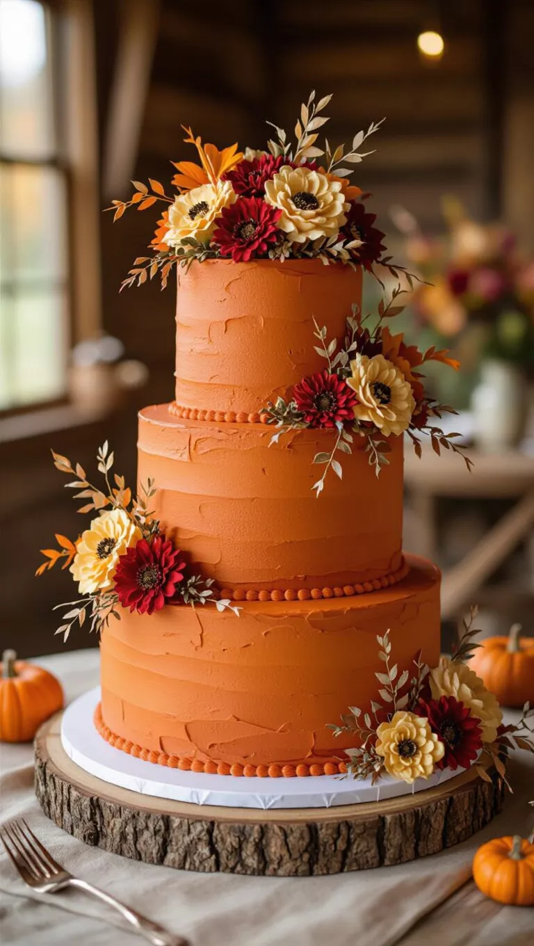 A professional photo, similar to a photo in a wedding magazine, of a rustic multi-tiered fall wedding cake with a warm terracotta orange frosting, possibly accented with dried elements.