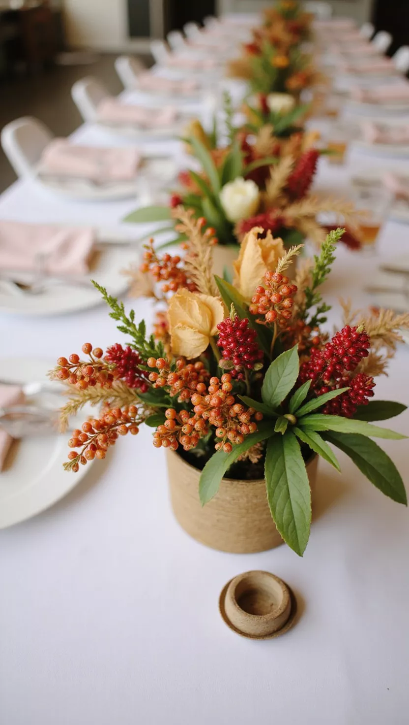 A professional photo, similar to a photo in a wedding magazine, of a fall wedding table with a centerpiece gracefully adorned with clusters of seasonal berries in various autumnal colors.