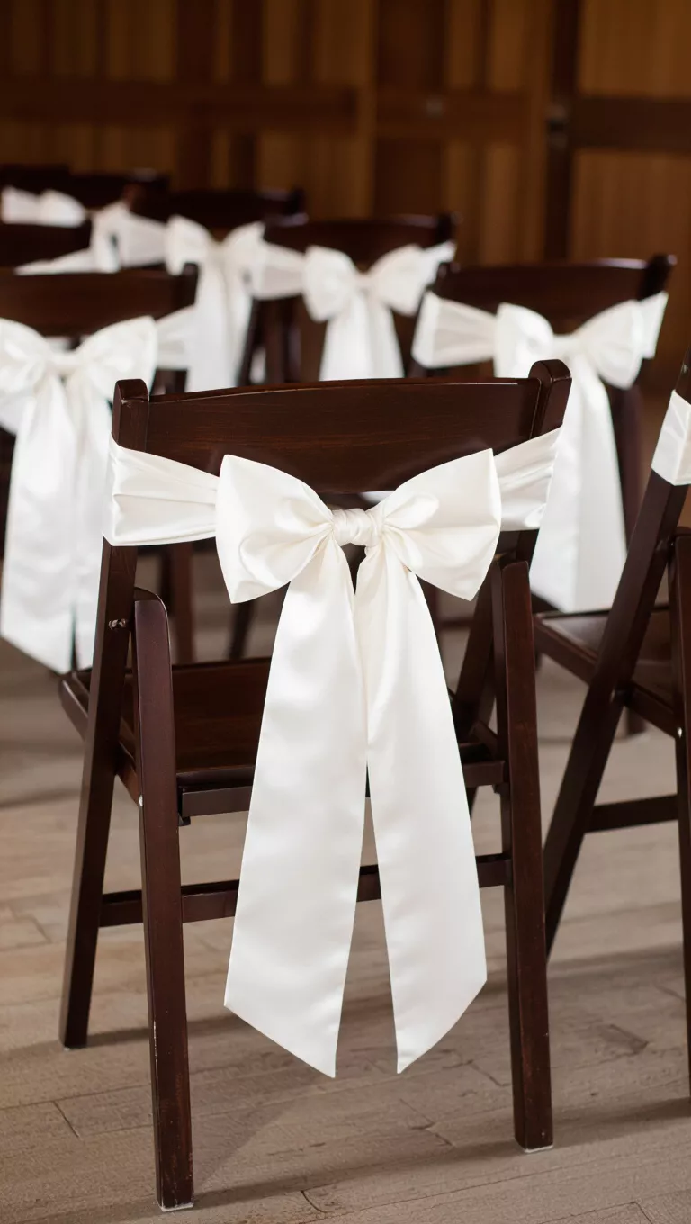 A professional photo, similar to a photo in a wedding magazine, of dark brown wooden chairs adorned with simple white satin bows for a rustic wedding ceremony.
