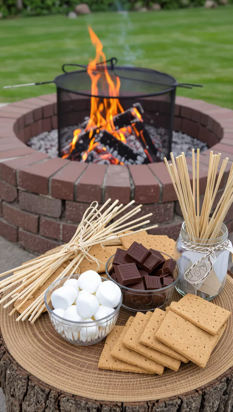 S'mores Station A professional photo, similar to a photo in a wedding magazine, of a rustic s'mores station with a fire pit, skewers, marshmallows, chocolate, and graham crackers.