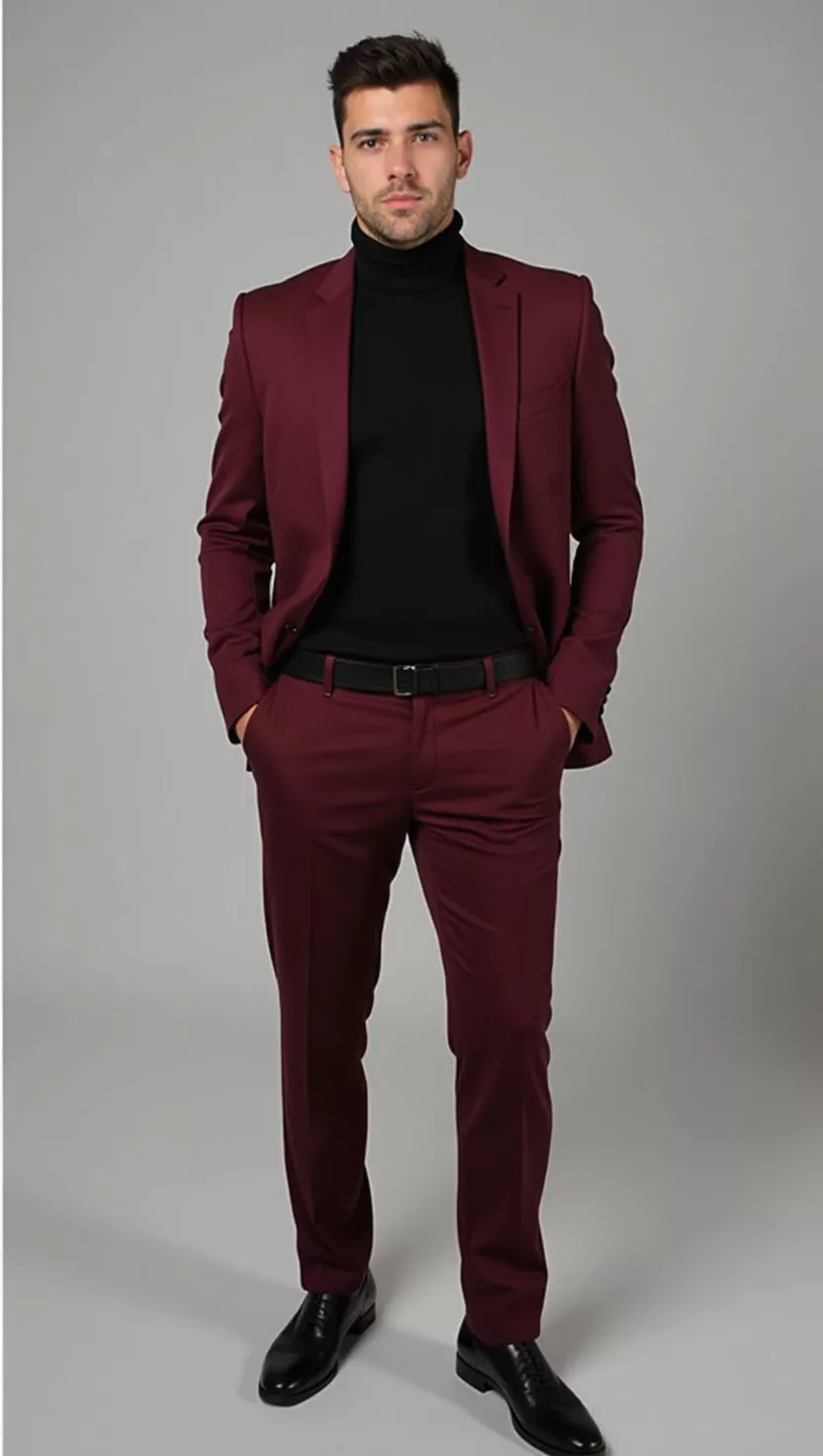 A professional photo, similar to a photo in a wedding magazine, of a man wearing a striking burgundy suit, a sleek black turtleneck, and black dress shoes, looking confident.