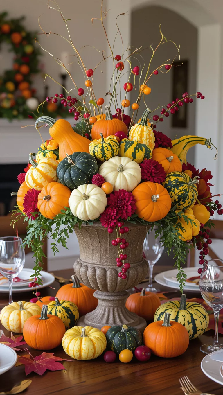 A professional photo, similar to a photo in a wedding magazine, of a overflowing horn-of-plenty centerpiece filled with colorful gourds, mini pumpkins, and seasonal fruits.