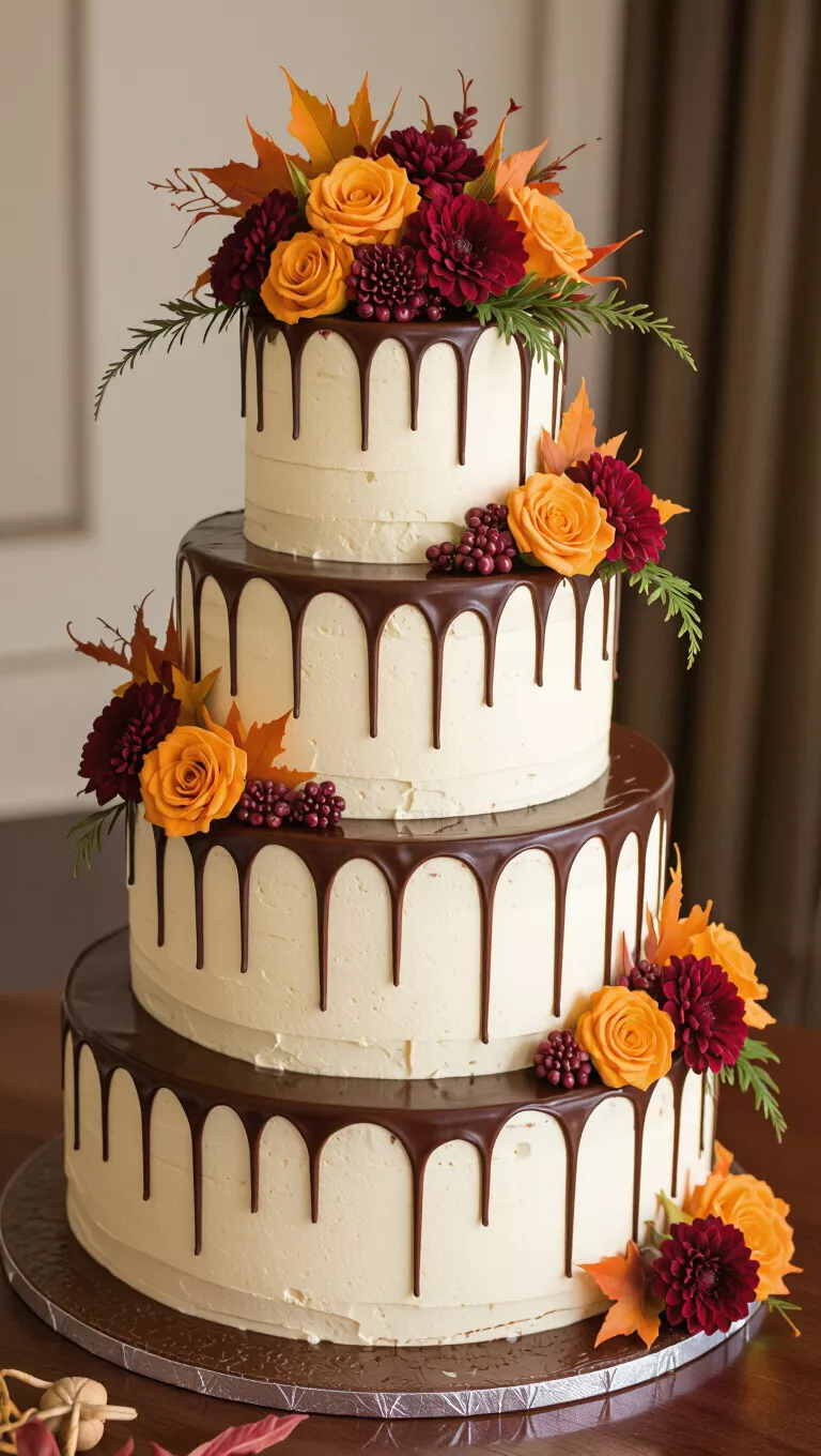 A professional photo, similar to a photo in a wedding magazine, of an elegant multi-tiered chocolate ganache fall wedding cake, with a glossy finish and seasonal garnishes.
