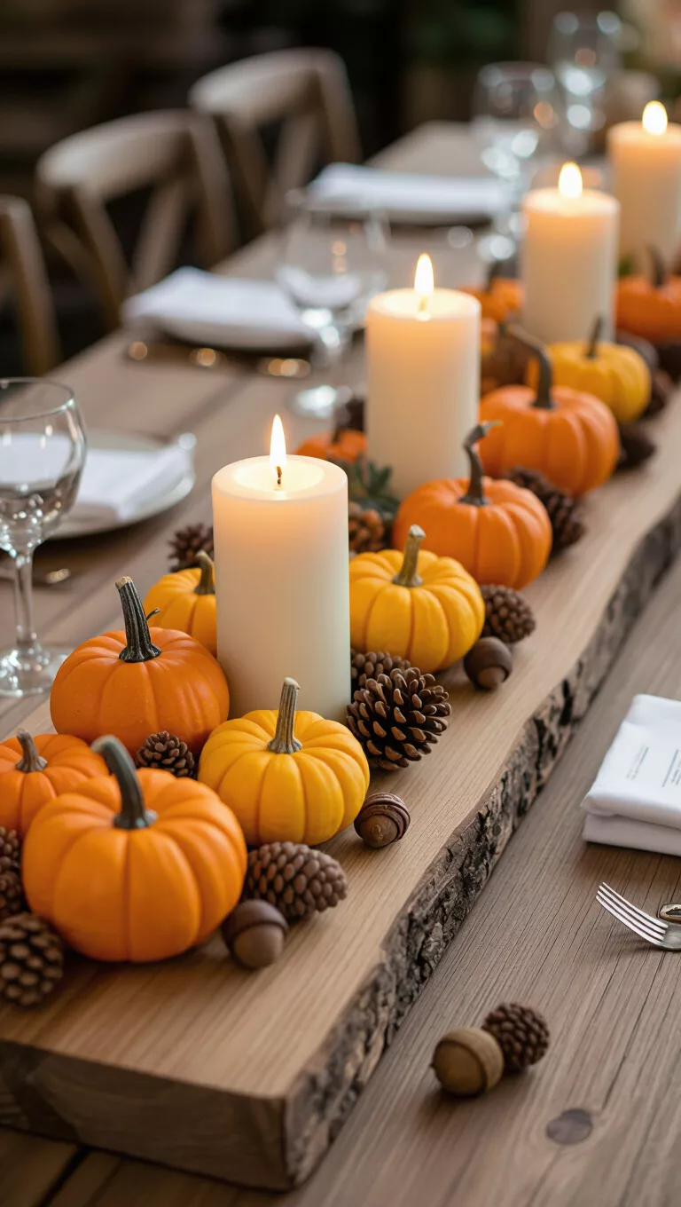 Wooden Fall Wedding Centerpiece A professional photo, similar to a photo in a wedding magazine, of a long wooden slab centerpiece adorned with miniature pumpkins, acorns, and flickering pillar candles.