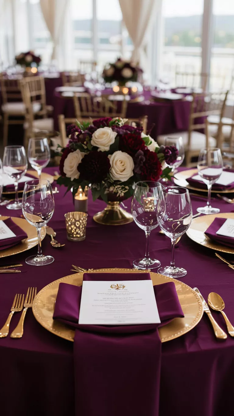 A professional photo, similar to a photo in a wedding magazine, of a reception table adorned with deep plum tablecloths and gold chargers, set for an elegant wedding dinner.