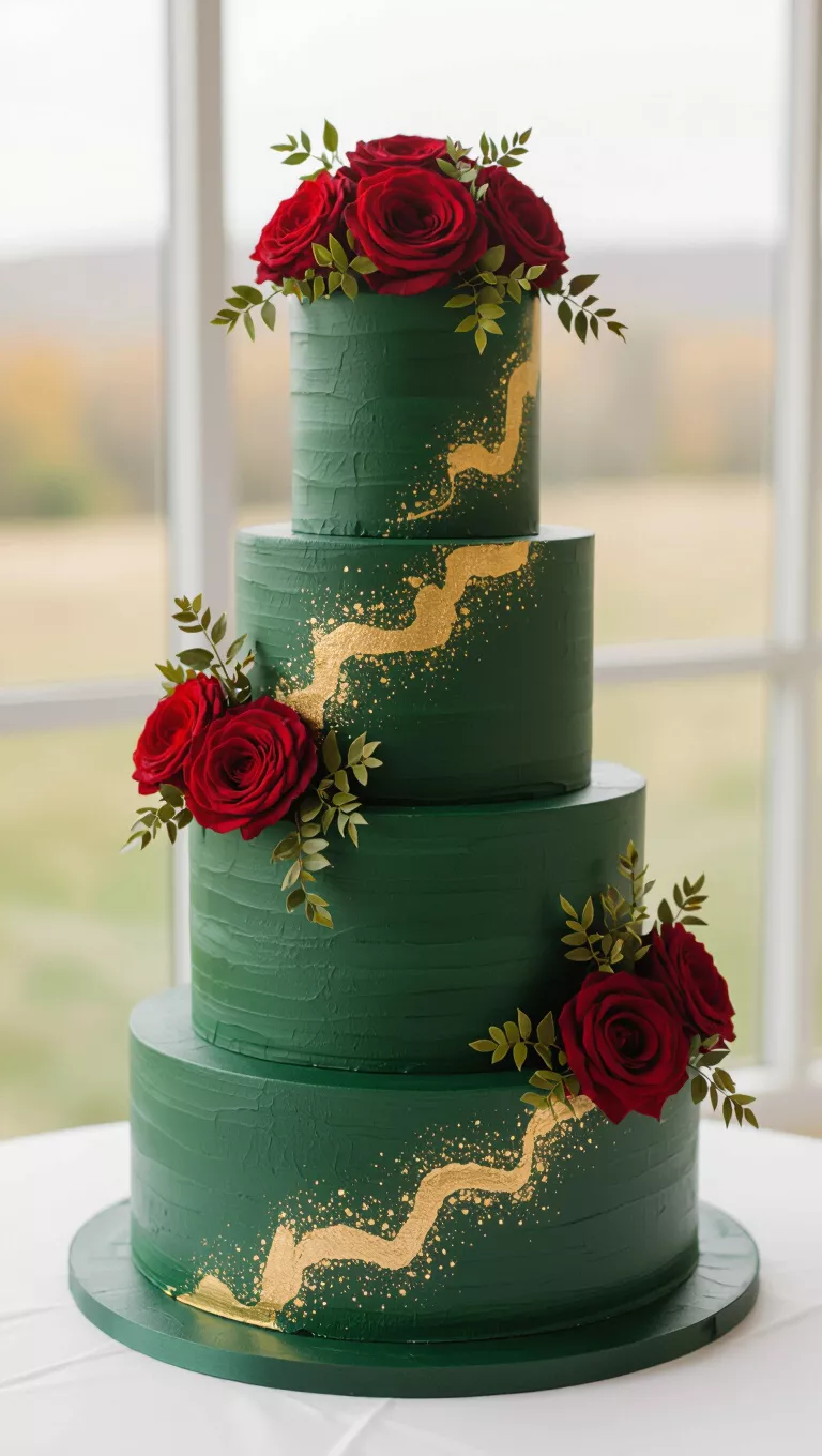 A professional photo, similar to a photo in a wedding magazine, of a dark green multi-tiered fall wedding cake, possibly with gold accents or organic textures.