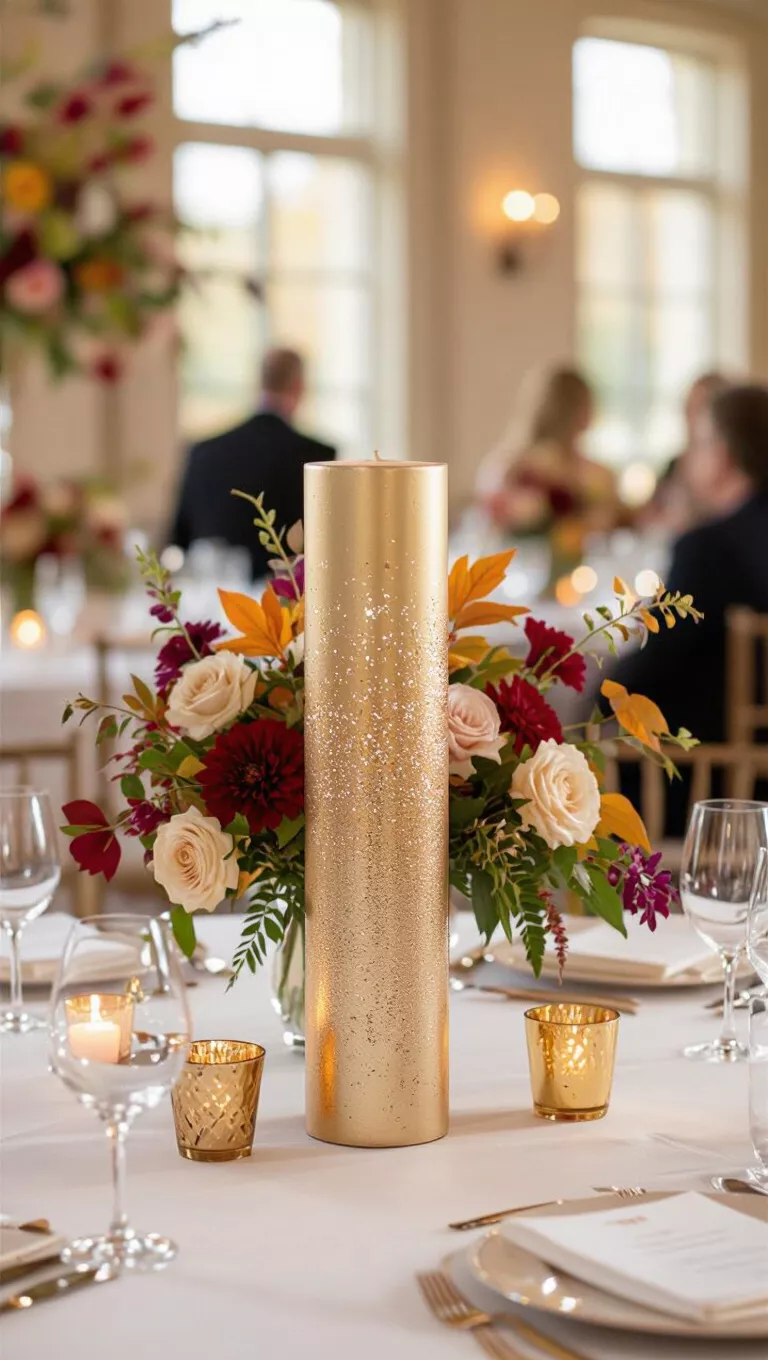 A professional photo, similar to a photo in a wedding magazine, of a fall wedding table with a centerpiece that displays a mesmerizing gilded gradient effect, from subtle shimmer to full metallic.