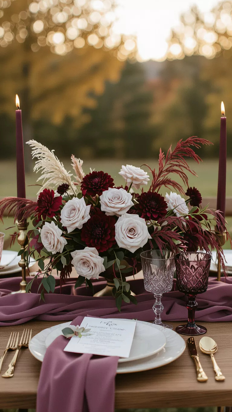 A professional photo, similar to a photo in a wedding magazine, of a fall wedding table with a centerpiece featuring lush flowers and flowing fabrics in rich, moody mauve tones.