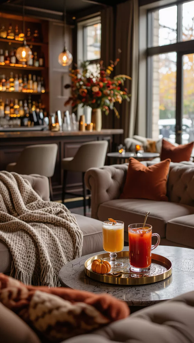 Include a Cozy Fall Cocktail Lounge A professional photo, similar to a photo in a wedding magazine, of a charming cocktail lounge area with plush sofas, throw blankets, and a bar serving warm fall-themed drinks.