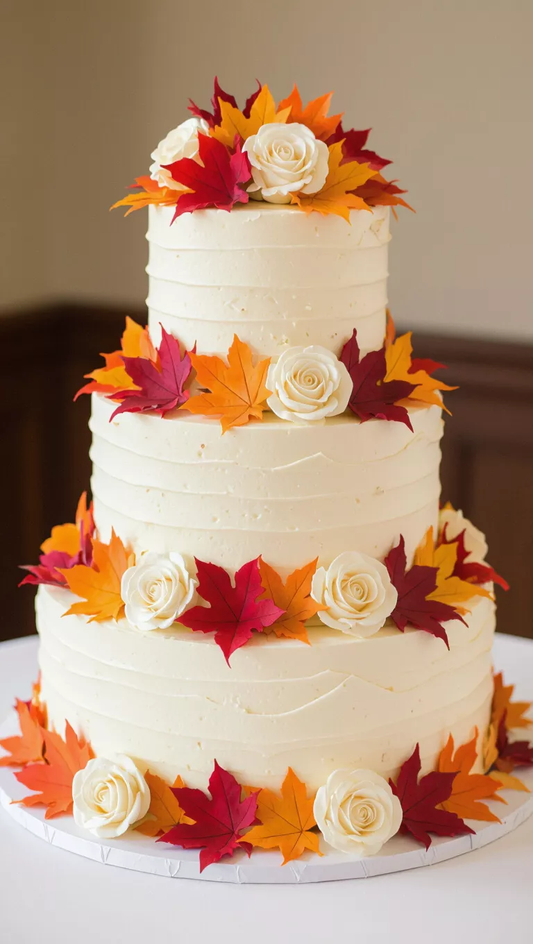 A professional photo, similar to a photo in a wedding magazine, of a multi-tiered fall wedding cake decorated with realistic edible fall leaves in vibrant colors and classic roses.