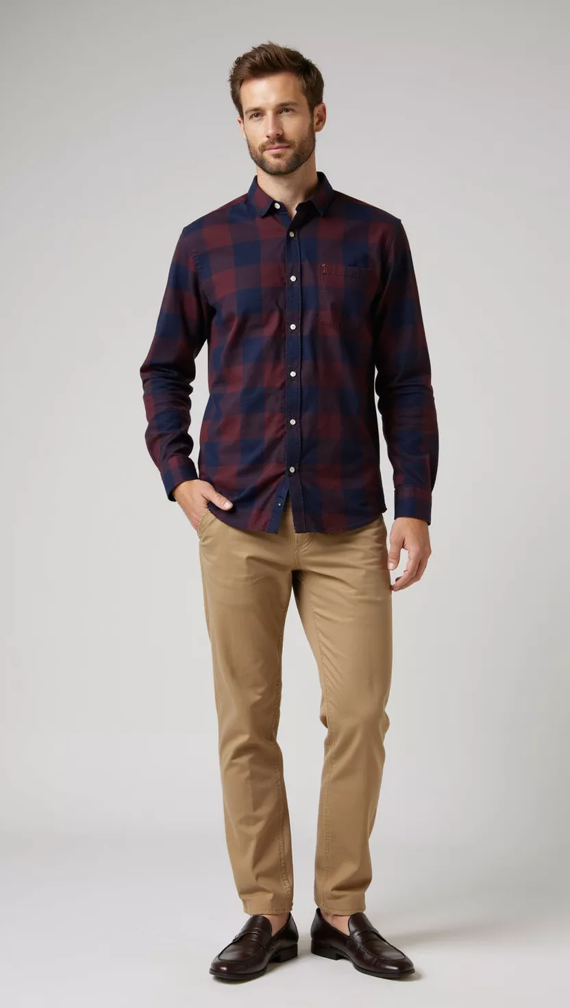 A professional photo, similar to a photo in a wedding magazine, of a man wearing a stylish navy and burgundy plaid shirt, neat khaki trousers, and casual loafers.