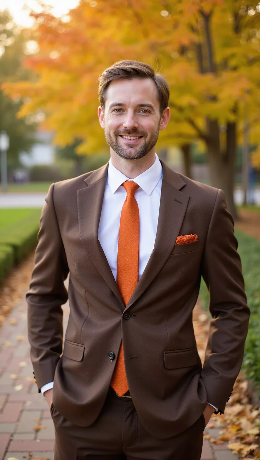 A professional photo, similar to a photo in a wedding magazine, of a man wearing a rich brown suit, a white shirt, and a vibrant rust orange tie, standing in a sunlit autumnal garden.
