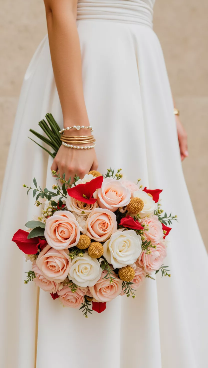A professional photo, similar to a photo in a wedding magazine, of a bride holding a gold-and-pink bouquet with anthurium and roses, modern and luxurious.