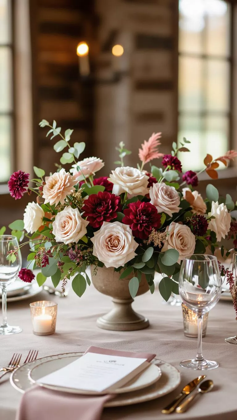 A professional photo, similar to a photo in a wedding magazine, of a fall wedding table with a centerpiece featuring dusty rose, sage green, and muted rust colored flowers and foliage, with soft lighting.