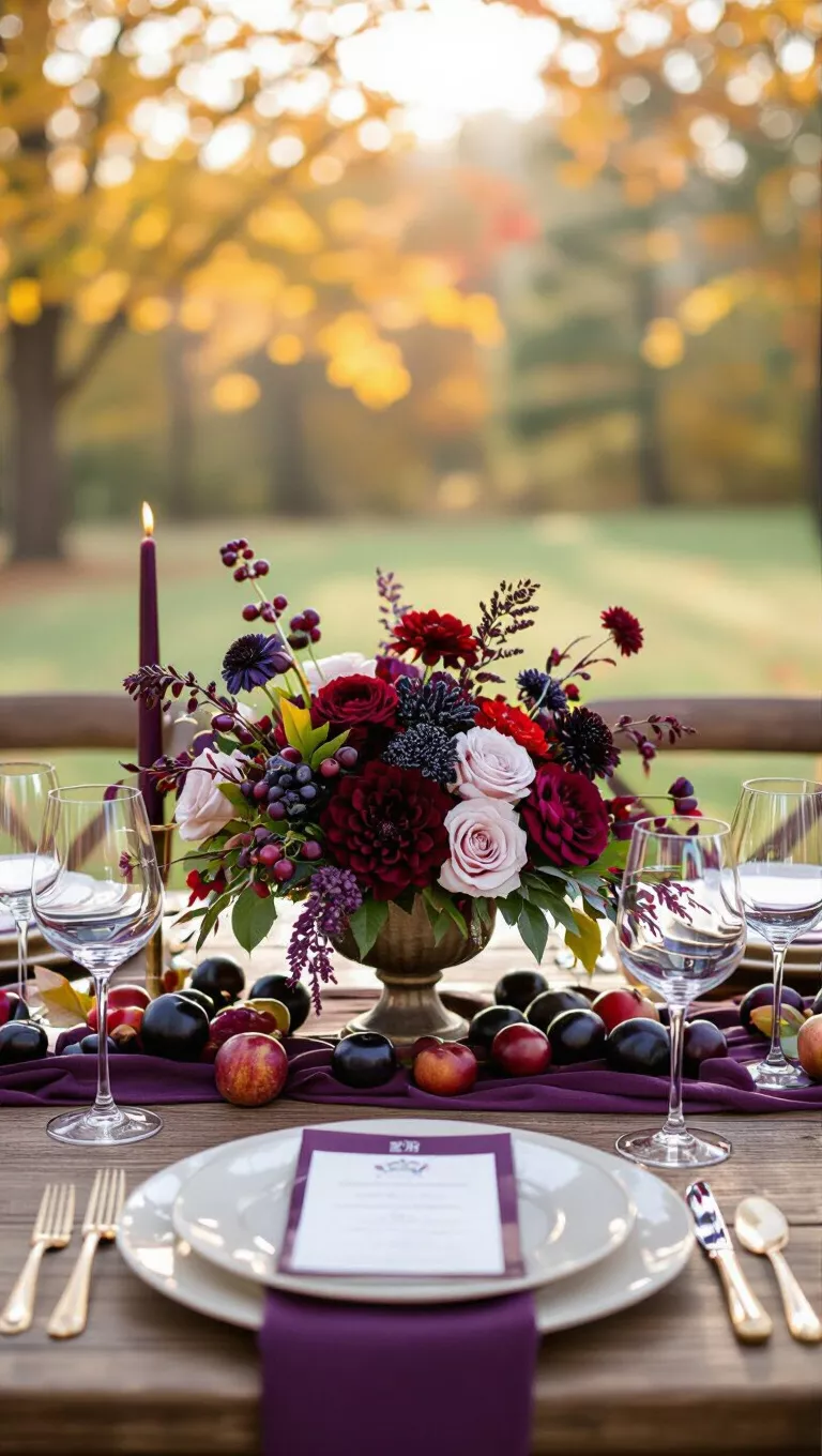 A professional photo, similar to a photo in a wedding magazine, of a fall wedding table with a centerpiece incorporating small, deep-hued accents like dark berries, plums, or deep purple flowers.
