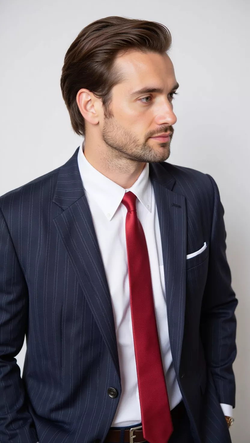 A professional photo, similar to a photo in a wedding magazine, of a man wearing a classic navy pinstripe suit, a crisp white shirt, and a solid red tie.