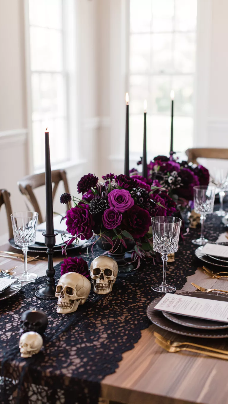 Halloween-Inspired Fall Wedding Decor A professional photo, similar to a photo in a wedding magazine, of an elegant Halloween-themed wedding table with black lace runners, subtle skull accents, and deep purple flowers.