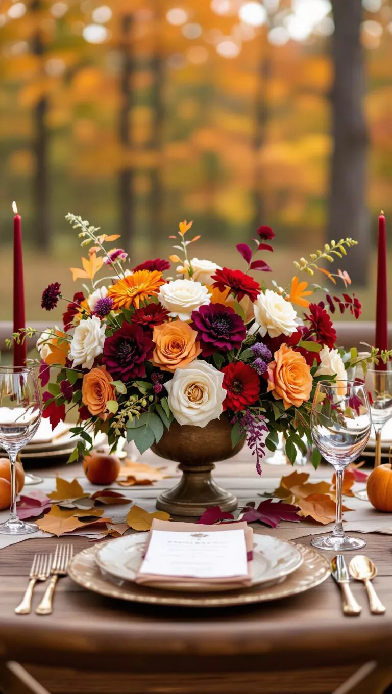 A professional photo, similar to a photo in a wedding magazine, of a fall wedding table with a multi-colored centerpiece that thoughtfully combines harmonious and contrasting autumn shades.