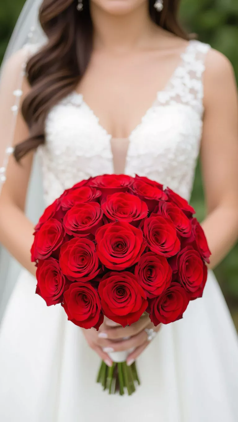 A professional photo, similar to a photo in a wedding magazine, of a bride holding a vibrant red rose bouquet.