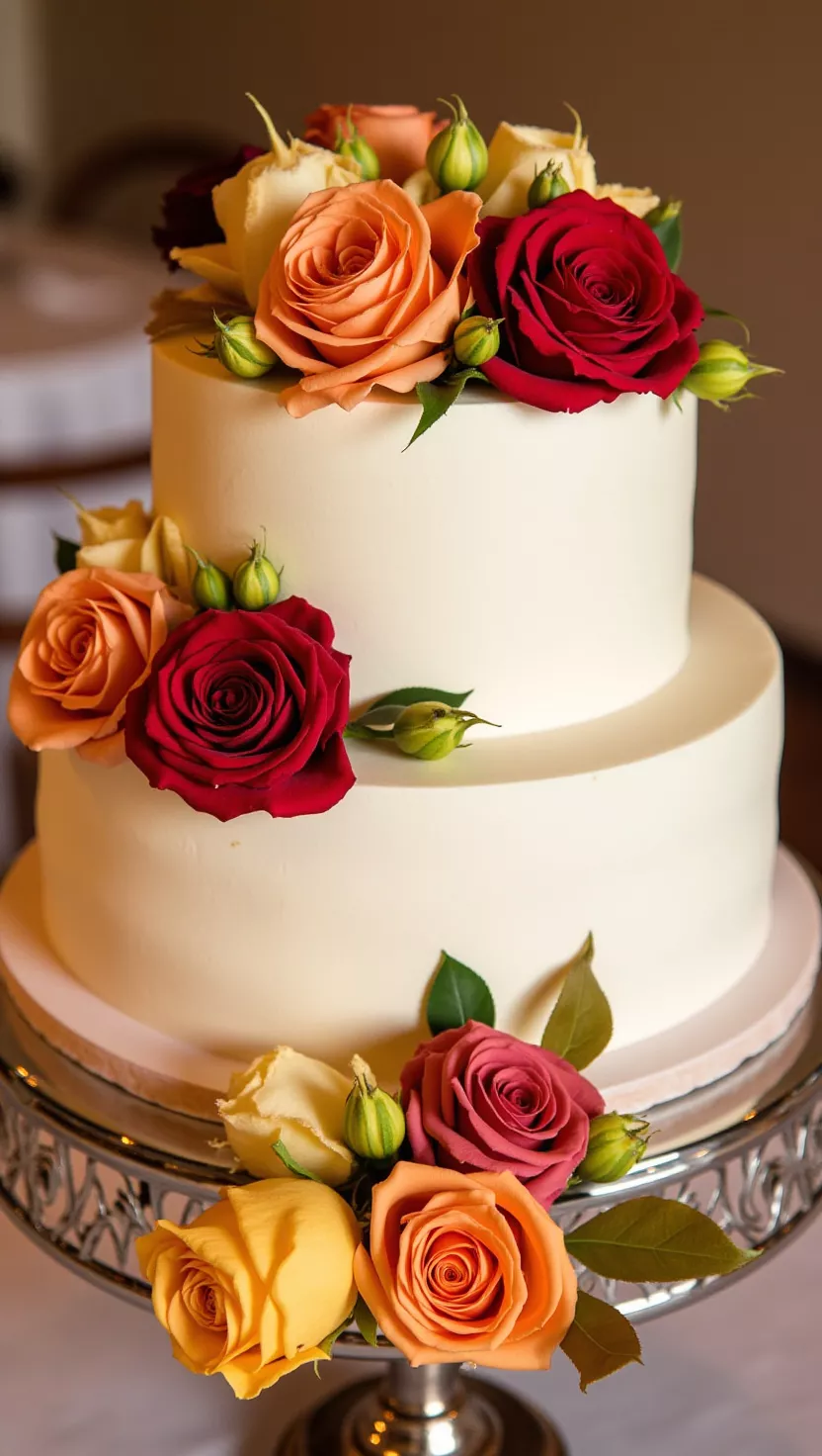 A professional photo, similar to a photo in a wedding magazine, of a charming one-tier fall wedding cake adorned with fresh roses in autumnal colors like deep red, orange, and gold.