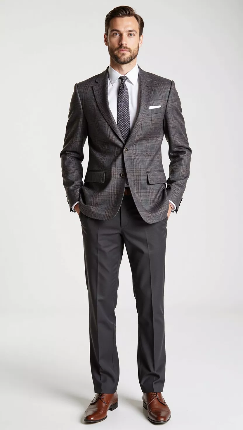 A professional photo, similar to a photo in a wedding magazine, of a man wearing a structured plaid blazer, solid dark grey trousers, a white shirt, and a coordinated tie.
