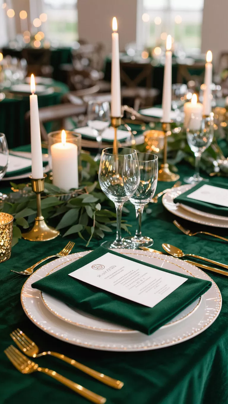 A professional photo, similar to a photo in a wedding magazine, of a wedding table decorated with deep forest green velvet tablecloths and gold accents, with candles giving a warm glow.