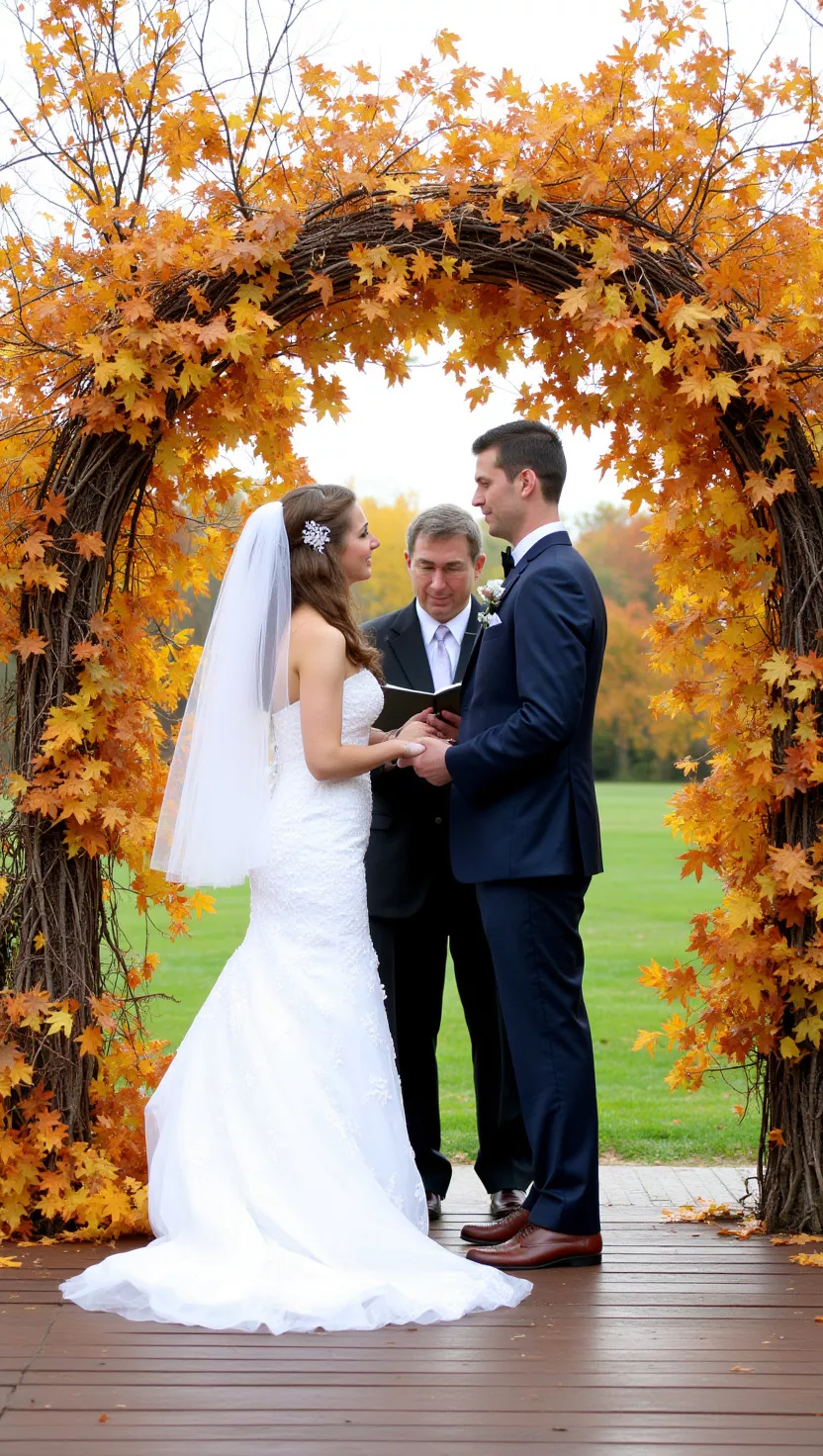 Exchange Vows Under a Foliage-Filled Arch A professional photo, similar to a photo in a wedding magazine, of a couple exchanging vows under a majestic arch completely covered in vibrant fall leaves and branches.