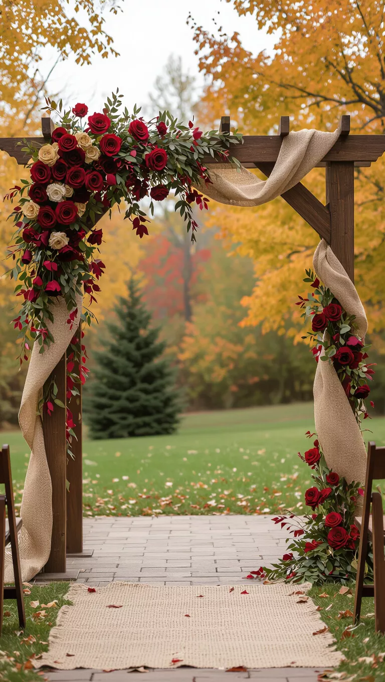 Floral Wedding Arch A professional photo, similar to a photo in a wedding magazine, of a wooden wedding arch draped with cascading fall foliage, deep red roses, and rustic burlap.